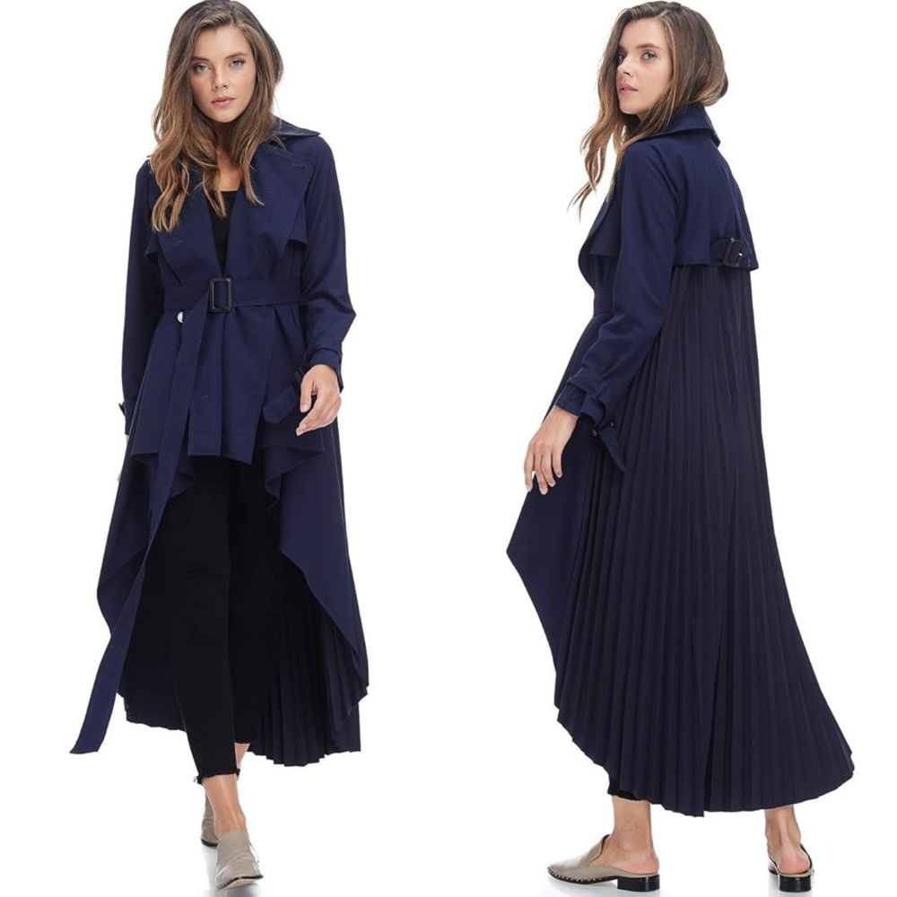 TOV Holy Navy Pleated Double Breasted Belted Maxi Dress Trench Coat 42 L Large